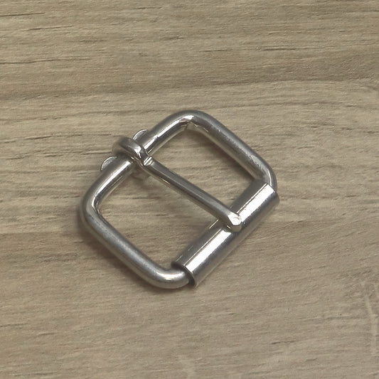 Nickel-plated heavy wire roller buckle for a 35mm strap, angled with the pin resting on the roller